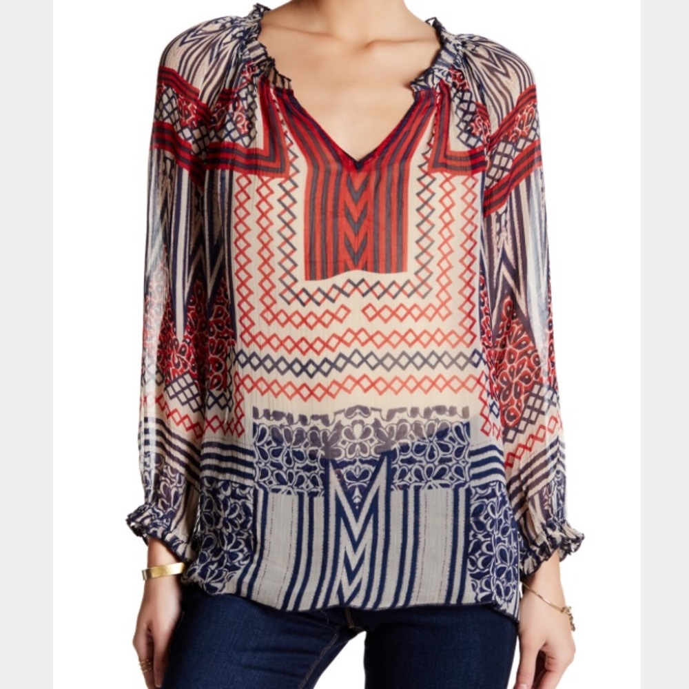 Lucky Brand Navy Red Cream Printed Peasant Blouse